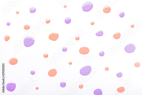 Nail polish drops pattern background in trendy mint and purple colors. Abstract paint circles background for beauty and fashion, copy space