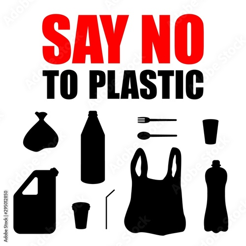 Say no to plastic. Problem plastic pollution. Ecological poster. Banner composed of white plastic waste bag, bottle on white background.
