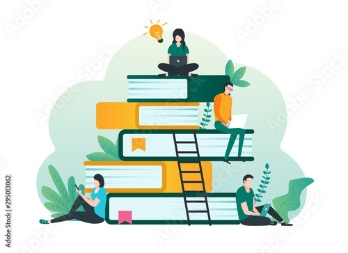 Online education, e-learning, online course concept with students learning and using laptop illustration. Illustration for website, landing page and infographic
