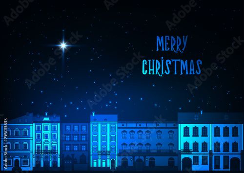 Merry Christmas greeting card with old European town buildings, starry sky on dark blue.