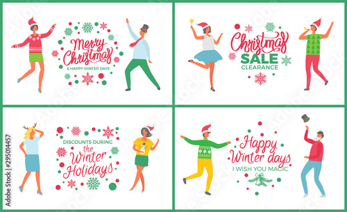Christmas party people dancing and celebrating set vector. Happy new year winter holiday. Sale and discounts of shops, 25 percent off proposition