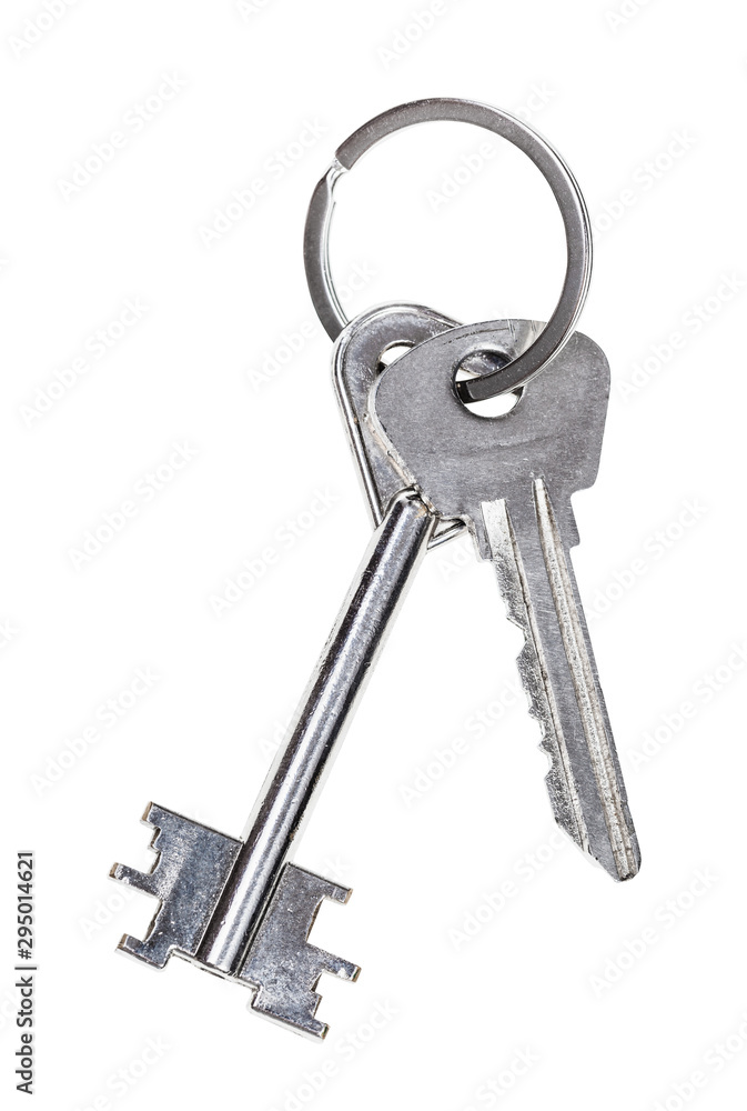 pair of door keys on keyring isolated on white pair of door keys on keyring isolated on white