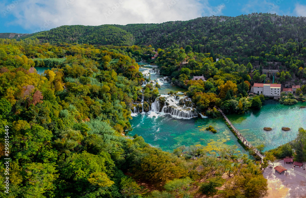 Panoramic Aerial View of Krka Waterfalls in National Park. Beautiful Skradinski Buk Waterfall In Krka National Park - Dalmatia Croatia, Europe