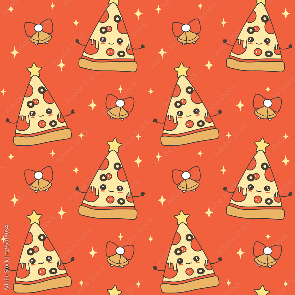cute cartoon character pizza slice christmas tree with star on top holiday seamless vector pattern background illustration cute cartoon character pizza slice christmas tree with star on top holiday seamless vector pattern background illustration