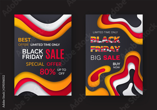 Black friday special discount, percent offer vector. Limited time, reduction half of price, autumn sellout shops. Clearance deal, seasonal bargain. Banners