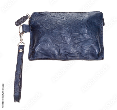 Fotografija blue leather wristlet pouch bag isolated on white
