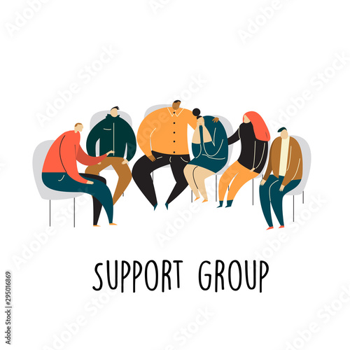 Meeting of support group members. Group of people sitting on chairs and talking. Psychotherapy group concept. Vector cartoon illustration.