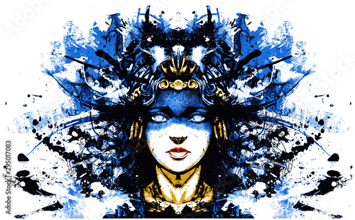 Girl shaman painted in ritual patterns. 2D illustration