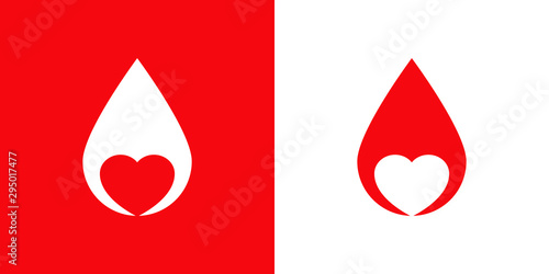 Logotipo con gota de sangre con corazón espacio negativo en rojo y blanco