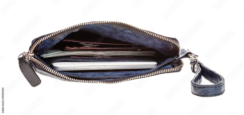 top view of open leather wristlet pouch with money top view of open leather wristlet pouch with money