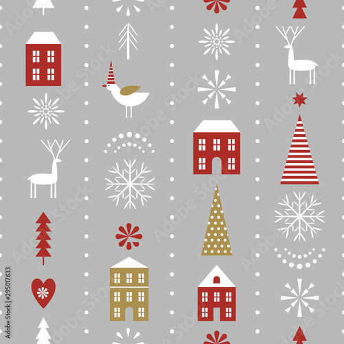 seamless Christmas pattern with stylized snowflakes, houses, deers and trees, fabric design or gift paper, wrapping print