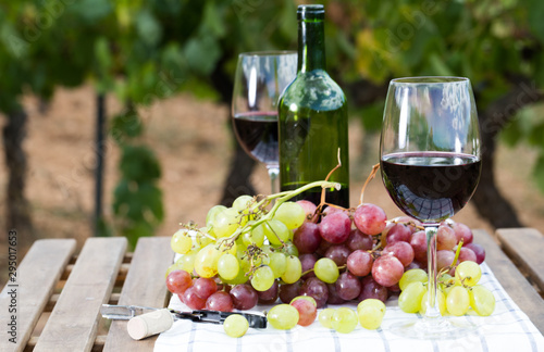 glass of red wine and ripe grapes on table