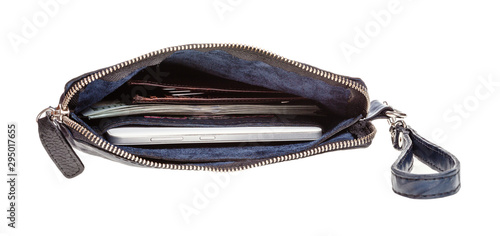 top view of open leather wristlet pouch with money