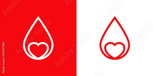 Logotipo con gota de sangre lineal con corazón en rojo y blanco