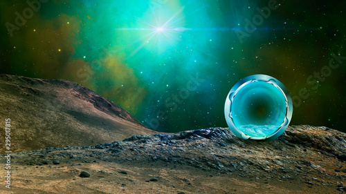 Space scene. 3D portal, gate on planet with colorful nebula and stars. Elements furnished by NASA. 3D rendering