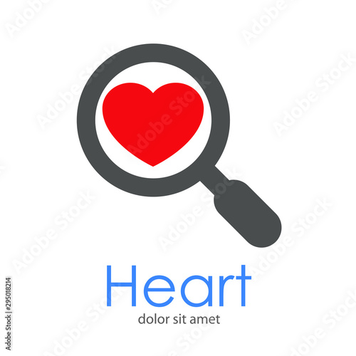 Logotipo con texto Heart con corazón en color rojo y lupa en color gris