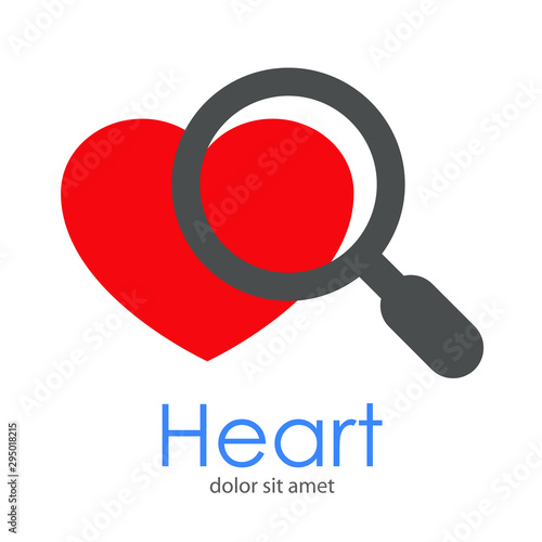 Logotipo con texto Heart con corazón en color rojo y lupa en color gris