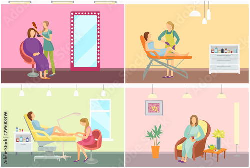 Hair styling pedicurist polishing nails of client vector. Set of workers with clients in beauty salon, depilation with wax, lady drinking tea beverage