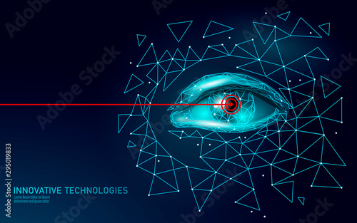 Laser vision correction 3D medical concept. Abstract human iris modern operation surgery technology low poly. Triangles polygonal rendering shape biometric identity vector illustration