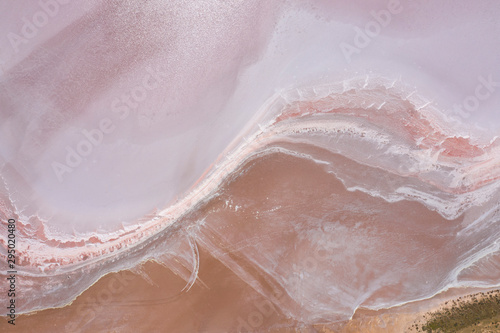 Aerial view of Lake Bumbunga, a naturally occuring pink salt lake beside the small town of Lochiel in South Australia