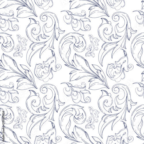 Vector Baroque monogram floral ornament. Black and white engraved ink art. Seamless background pattern.