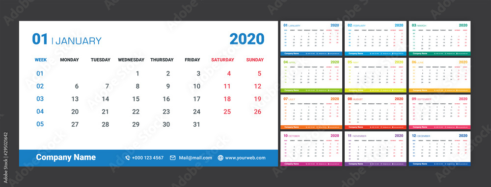 2020 Weekly Planning Calendar. Colorful set. 2020 Weekly Planning Calendar. Colorful set.