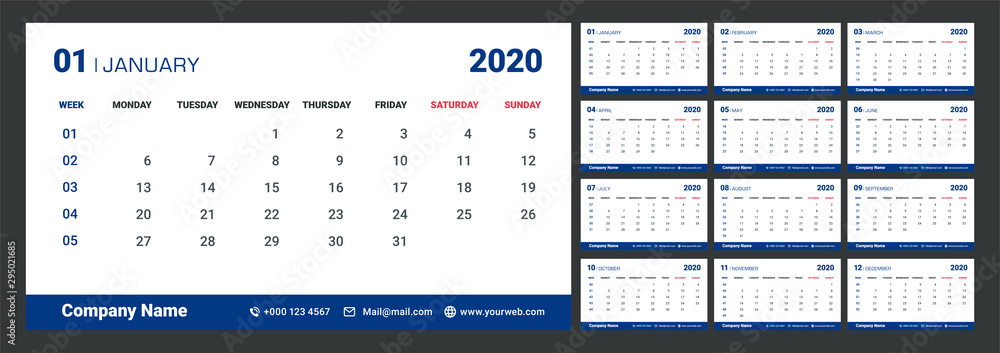 Calendar for 2020. Blue and White background. 2020 Weekly Planning Calendar for 2020. Blue and White background. 2020 Weekly Planning