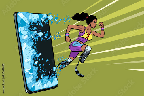 african woman runner disabled leg with prosthesis Phone gadget smartphone. Online Internet application service program