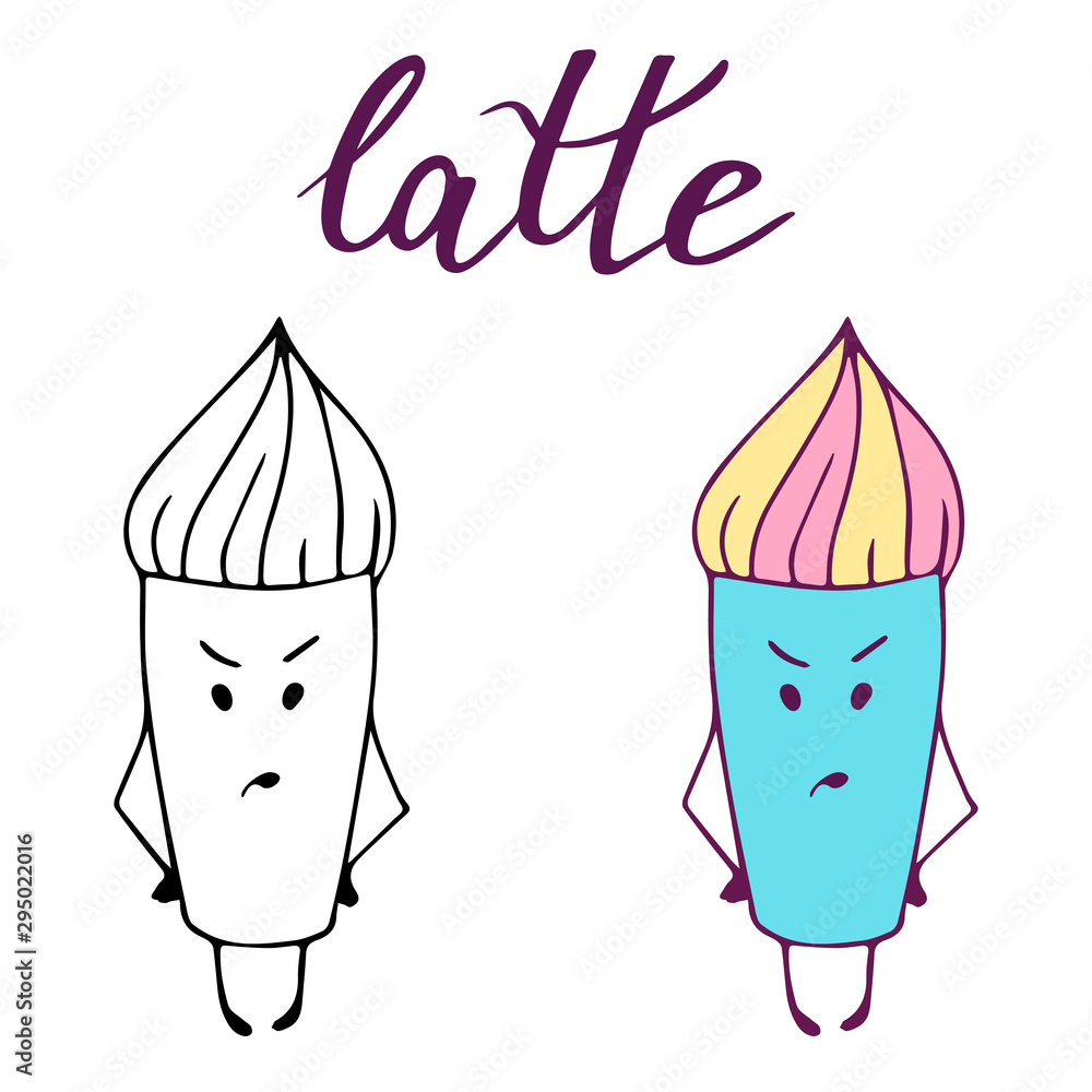 Kawaii style, cartoon character of latte. Coloring book. Vector illustration of coffee cup. Doodle style, colorful sketch with handwritten lettering. Kawaii style, cartoon character of latte. Coloring book. Vector illustration of coffee cup. Doodle style, colorful sketch with handwritten lettering.