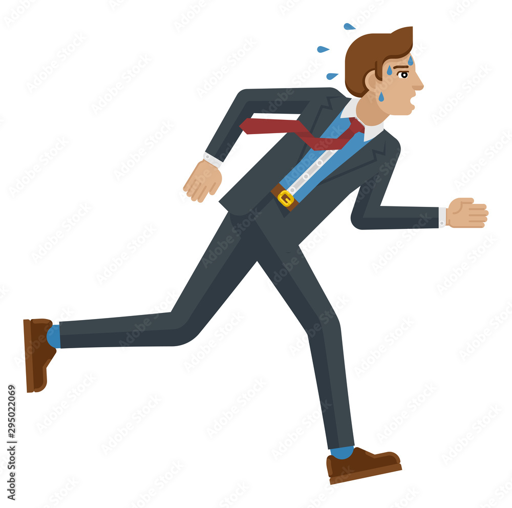 A stressed and tired looking businessman running as fast as he can to keep up with his workload or compete. Business concept illustration in flat modern cartoon style
