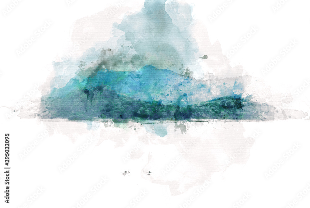 Abstract colorful shape on mountain peak and tree landscape on watercolor illustration painting background.