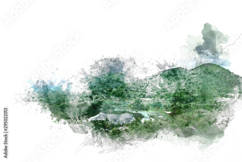 Abstract colorful shape on mountain peak and tree landscape on watercolor illustration painting background.