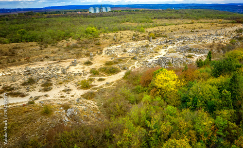 Aerial view of Stone Forest near Varna, Bulgaria, Pobiti kamani, rock phenomenon.