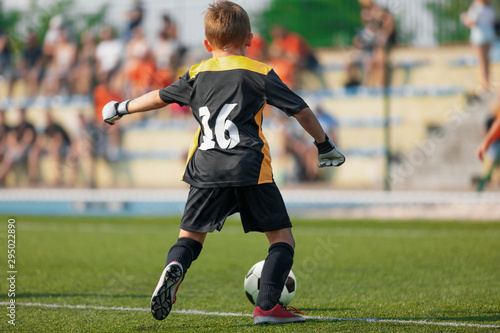 Young Soccer Goalie Goalkeeper. Young Boy Soccer Goalie. Soccer Game on Sunny Summer Day