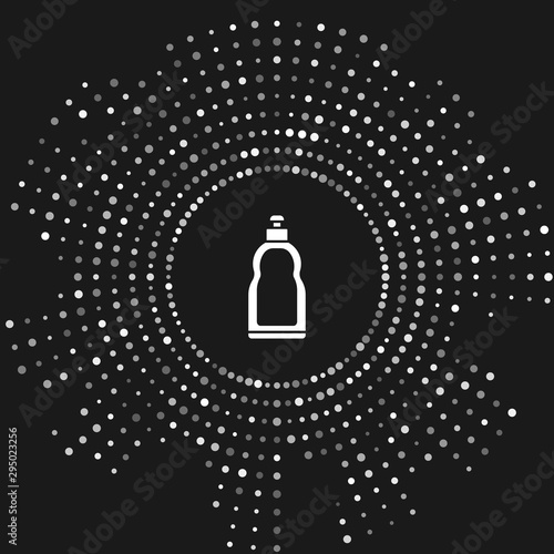 White Plastic bottle for liquid laundry detergent, bleach, dishwashing liquid or another cleaning agent icon isolated on grey background. Abstract circle random dots. Vector Illustration