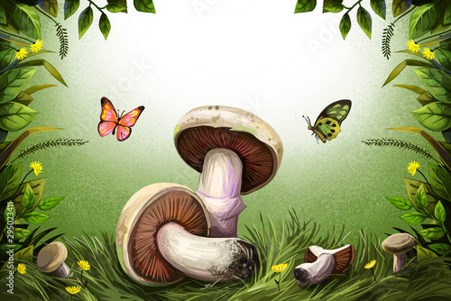 Edible fungi isolated white mushrooms on background of green grass, cover design. Digital art illustration of autumn season food, springtime fungus and butterflies, flowers and leaves, green plants. photo