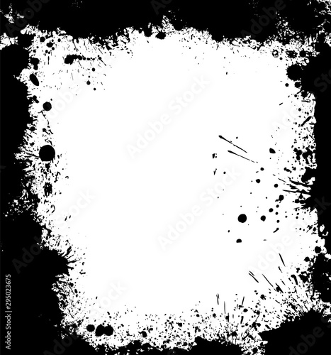 Black spots of paint on a white background. Grunge frame of paint. Vector illustration.