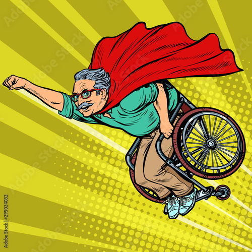 man retired superhero disabled in a wheelchair. Health and longevity of older people