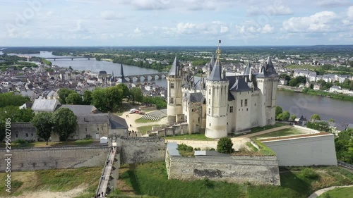 Aerial view of Castle and loire Valley, France.Saumur Castle was built in the tenth century and rebuilt in the late twelfth century