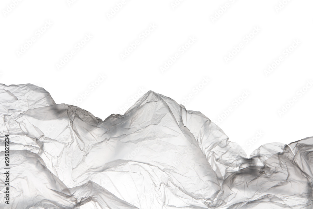 transparent used polyethylene bag isolated on white background with copy space - obrazy, fototapety, plakaty 