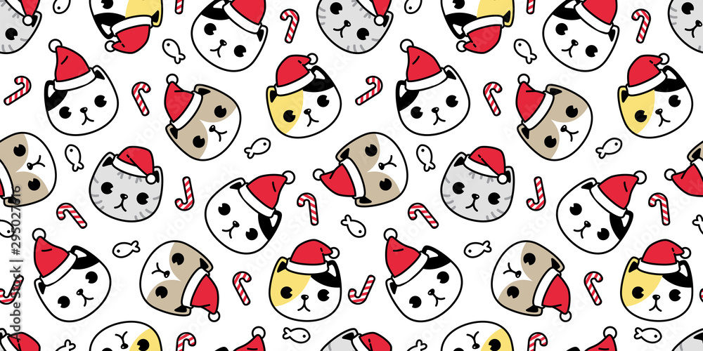 cat seamless pattern Christmas vector Santa Claus hat kitten head candy cane cartoon scarf isolated repeat wallpaper tile background illustration doodle design