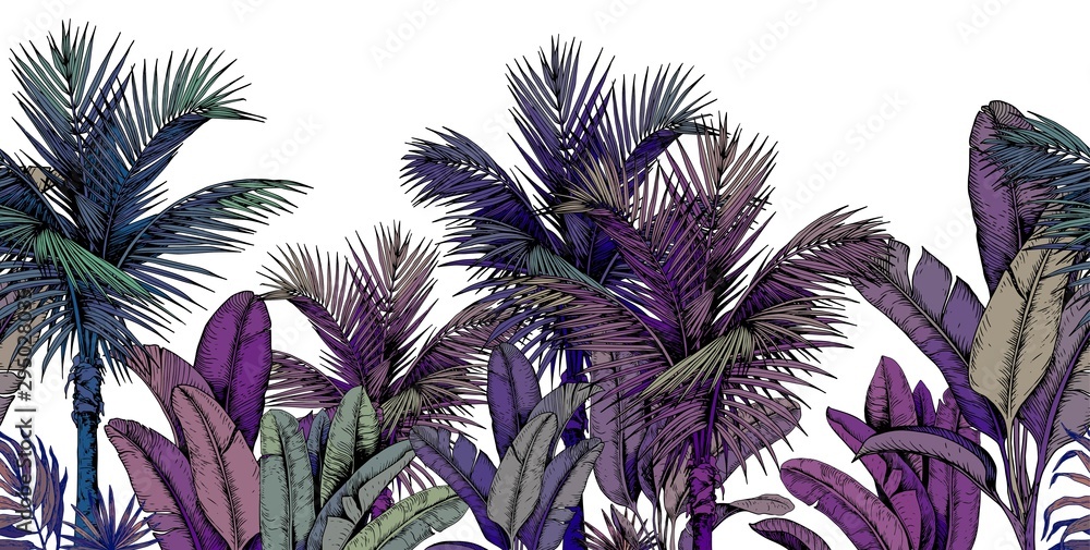 Seamless border with colorful tropical palm trees on white background. Hand drawn vector illustration. - obrazy, fototapety, plakaty 