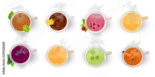 Different types of tea, assortment herbal, fruity, berry, yellow, oolong, green, black, Darjeeling, Chinese, masala chai. Vector cartoon set with freshly brewed drinks isolated on white Top view