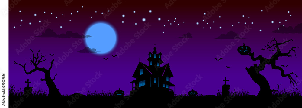 Halloween pumpkins and dark house on blue Moon background, illustration. - Vector