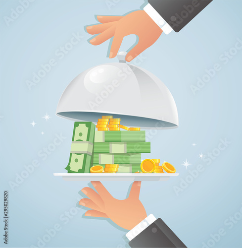 Hands holding silver cloche with money. business concept vector illustration EPS10