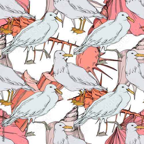 Vector Sky bird seagull in a wildlife. Black and white engraved ink art. Seamless background pattern.