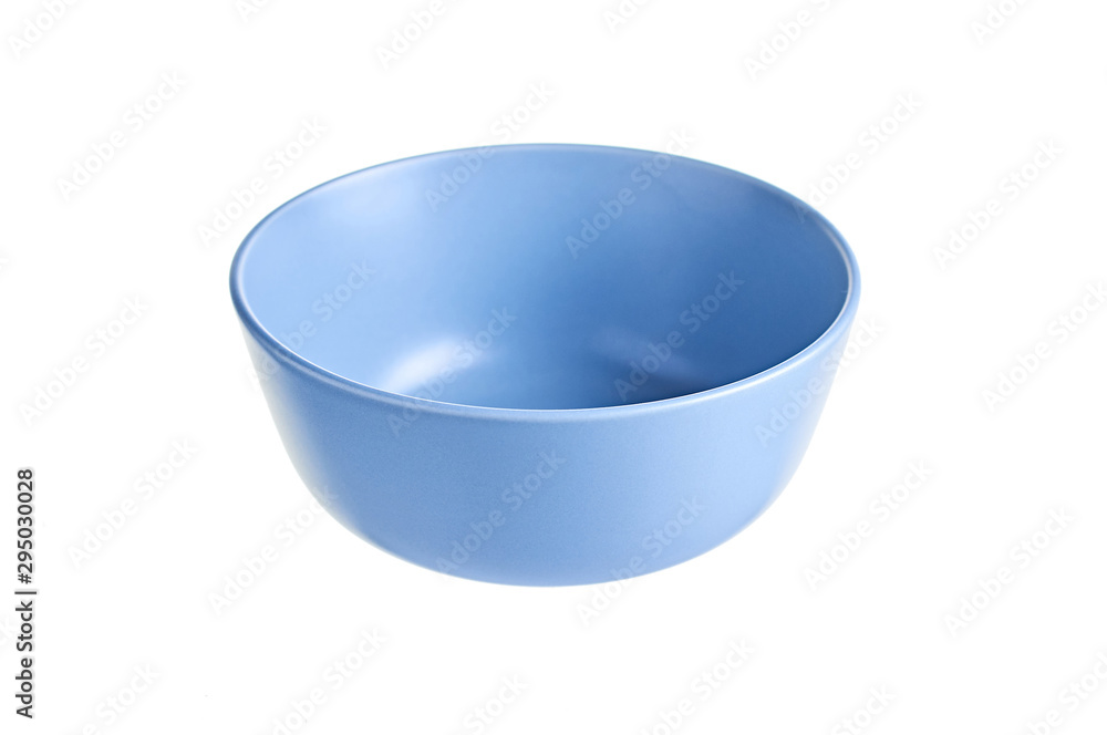 Single modern empty round clean deep bowl of blue color for soup or other food isolated on white background without shadow. Close-up Single modern empty round clean deep bowl of blue color for soup or other food isolated on white background without shadow. Close-up