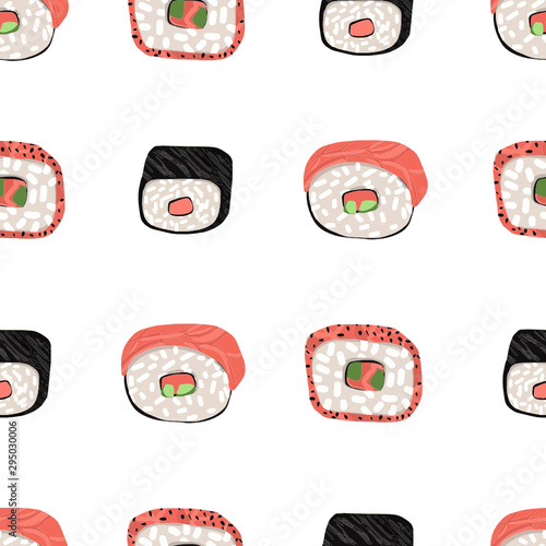 Isometric pattern sushi and rolls. Vector Japanese food.