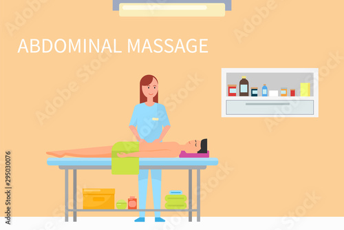 Massage therapy abdominal belly care done by specialist masseuse, spa salon interior. Man relaxing on table, woman rubbing client with oils lotions vector