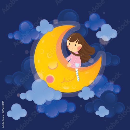 Cute character vector illustration. Girl with moon on dark sky background.
